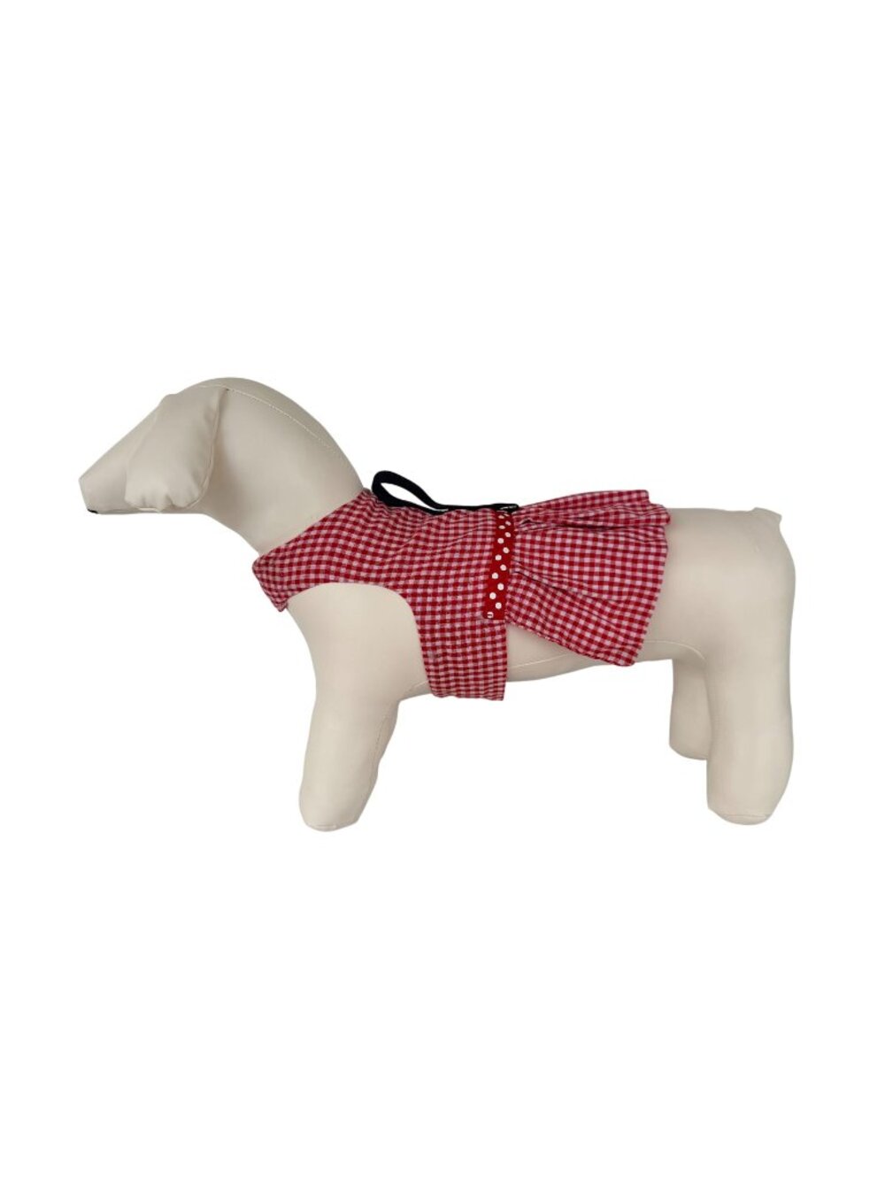 Handmade Small Breed Dog Adjustable Dress w Harness Red Gingham Polka Dot Bow
